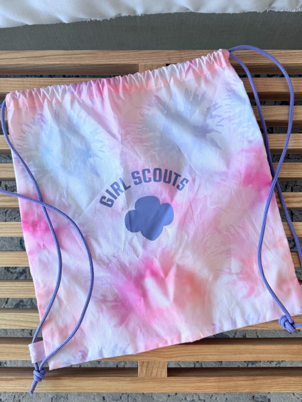 Girl Scouts Tie Dye Cinch Drawstring Bag Backpack Pink Purple Trefoil Logo